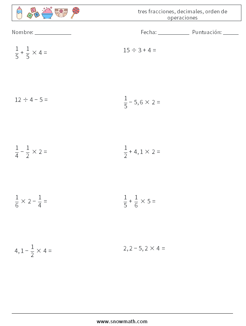 (10) tres fracciones, decimales, orden de operaciones Hojas de trabajo de matemáticas 16
