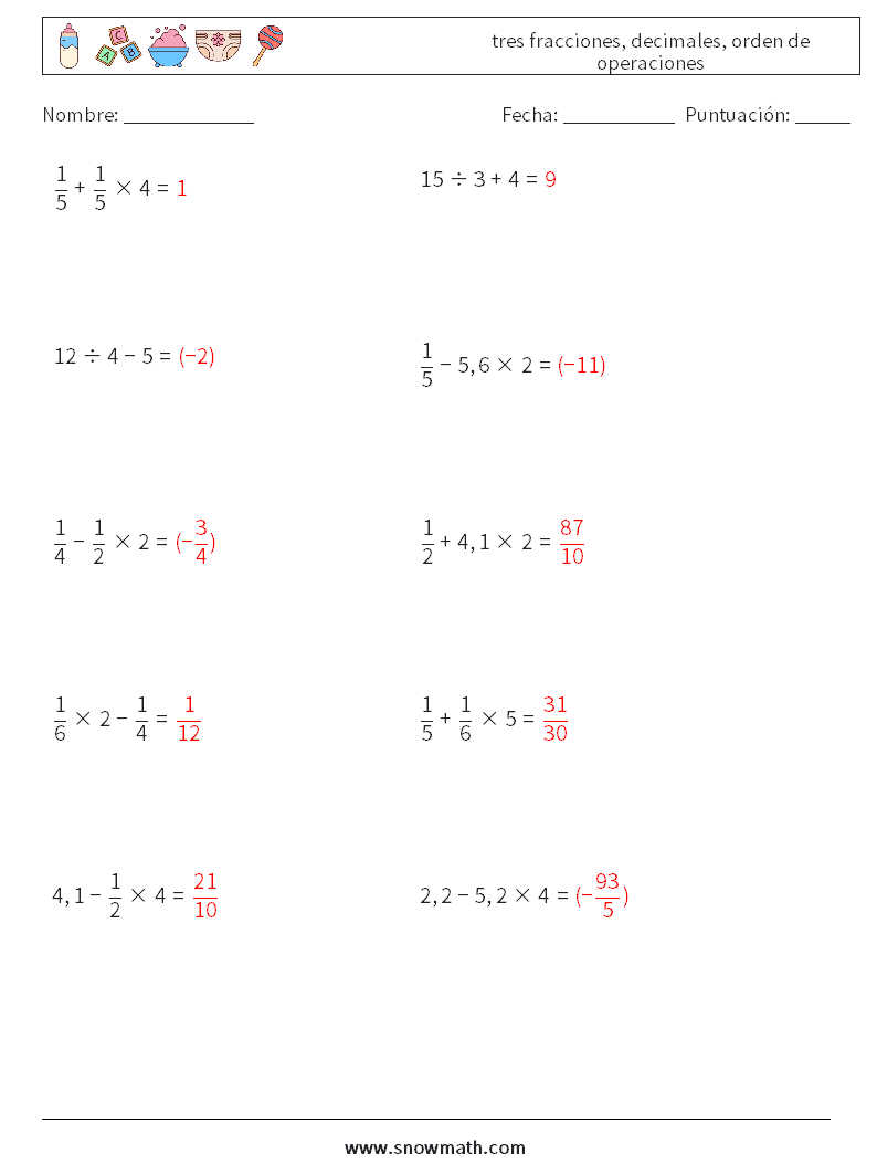 (10) tres fracciones, decimales, orden de operaciones Hojas de trabajo de matemáticas 16 Pregunta, respuesta