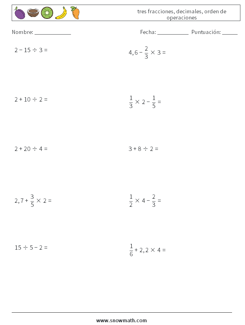 (10) tres fracciones, decimales, orden de operaciones Hojas de trabajo de matemáticas 17