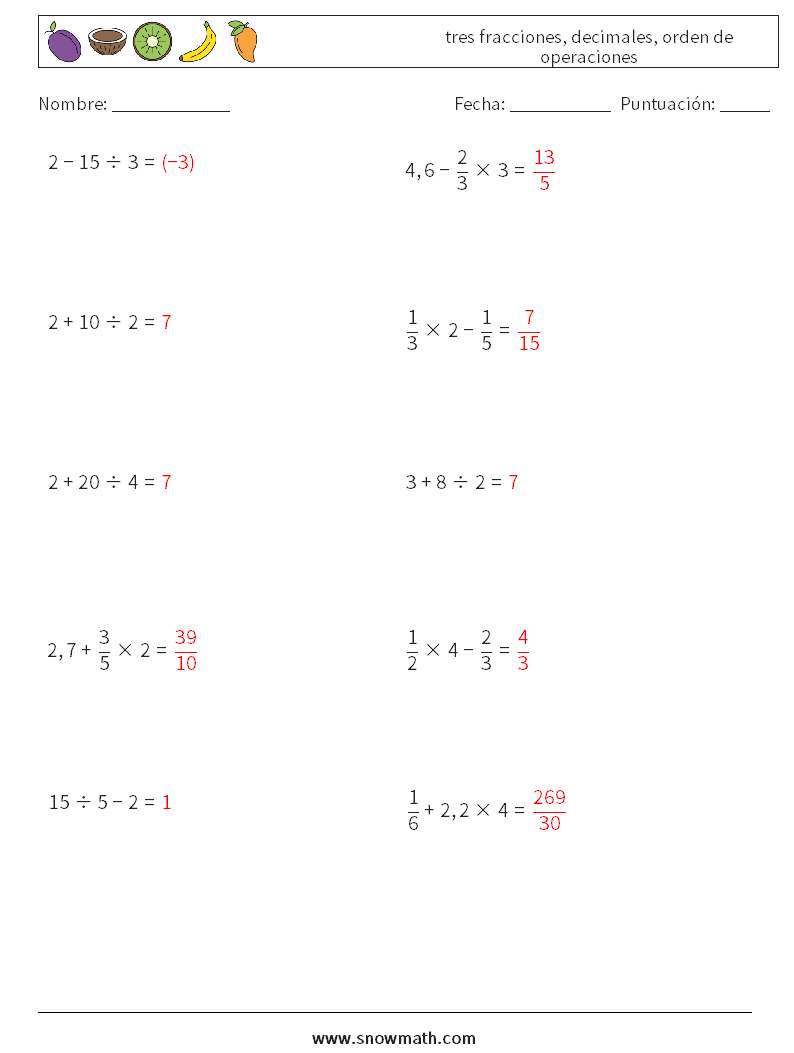 (10) tres fracciones, decimales, orden de operaciones Hojas de trabajo de matemáticas 17 Pregunta, respuesta