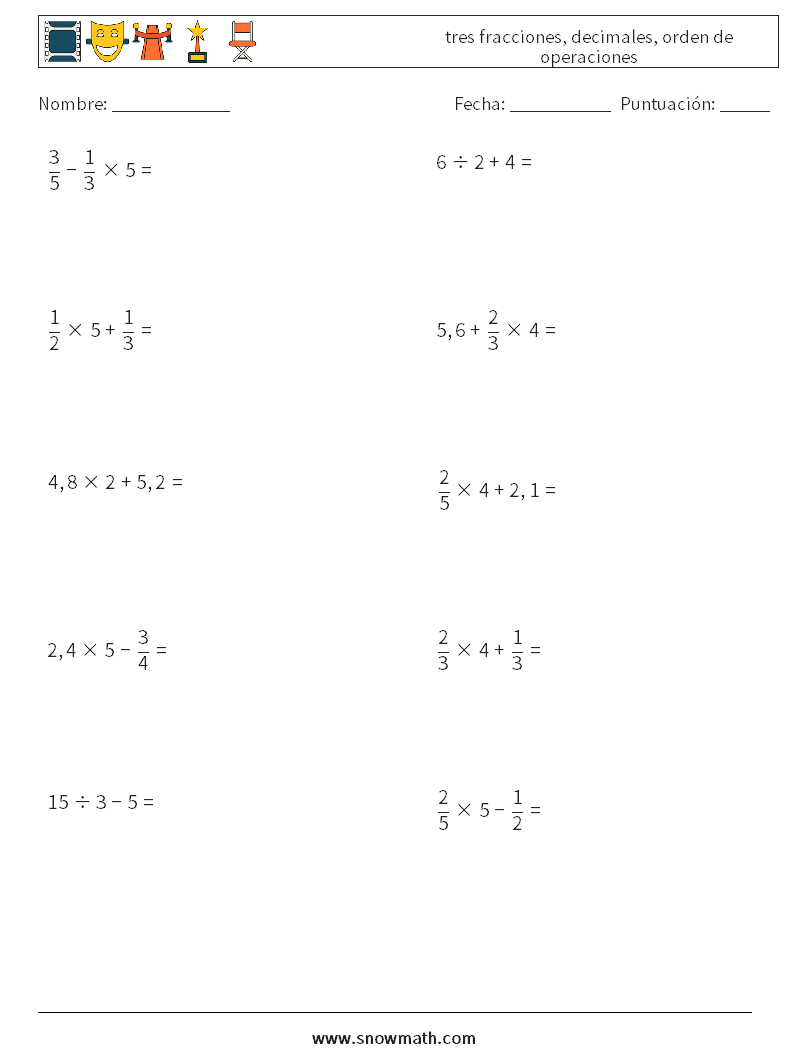 (10) tres fracciones, decimales, orden de operaciones Hojas de trabajo de matemáticas 18