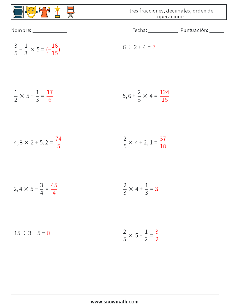 (10) tres fracciones, decimales, orden de operaciones Hojas de trabajo de matemáticas 18 Pregunta, respuesta