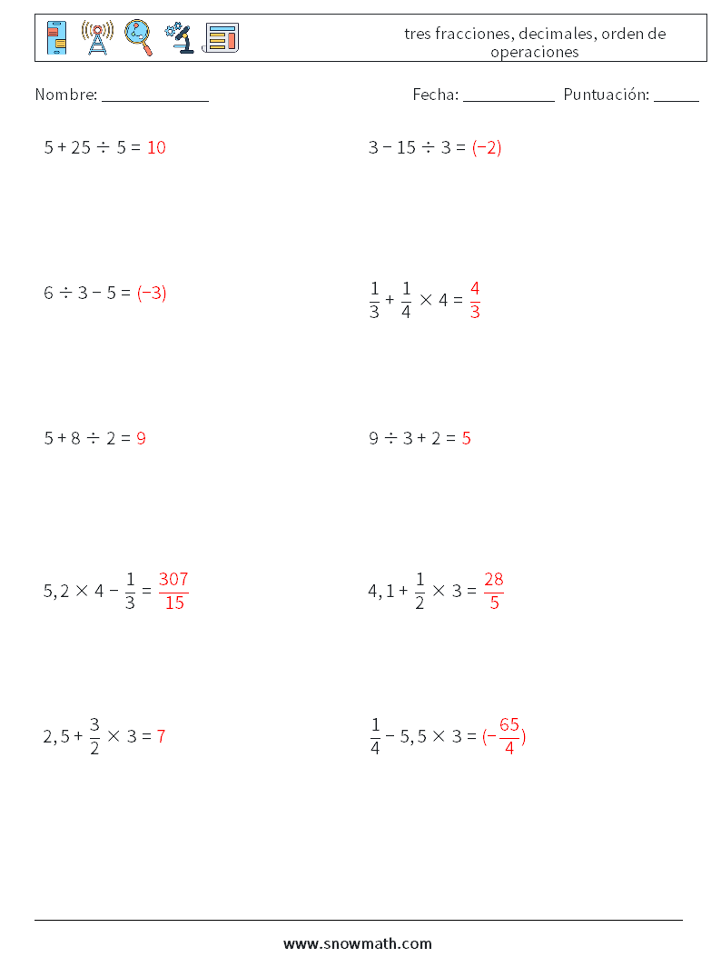 (10) tres fracciones, decimales, orden de operaciones Hojas de trabajo de matemáticas 1 Pregunta, respuesta