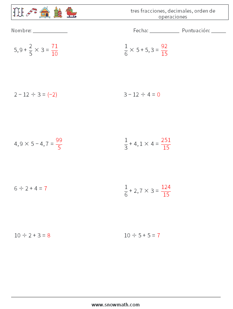 (10) tres fracciones, decimales, orden de operaciones Hojas de trabajo de matemáticas 2 Pregunta, respuesta