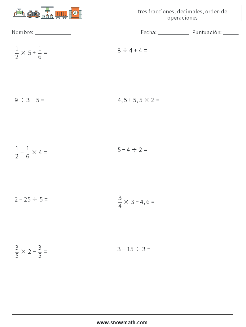 (10) tres fracciones, decimales, orden de operaciones Hojas de trabajo de matemáticas 3