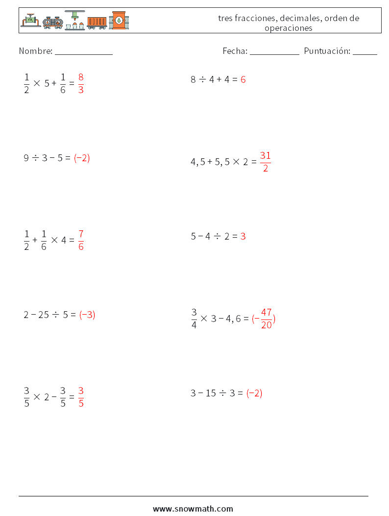 (10) tres fracciones, decimales, orden de operaciones Hojas de trabajo de matemáticas 3 Pregunta, respuesta