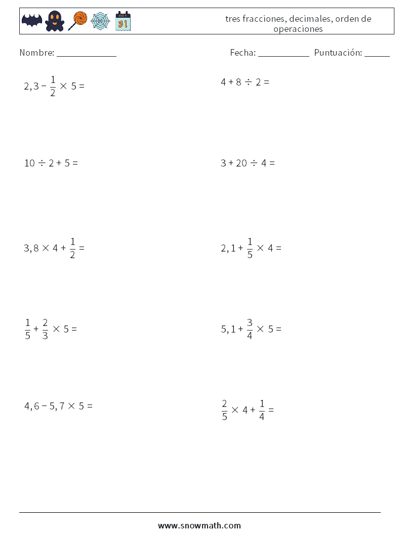 (10) tres fracciones, decimales, orden de operaciones Hojas de trabajo de matemáticas 4
