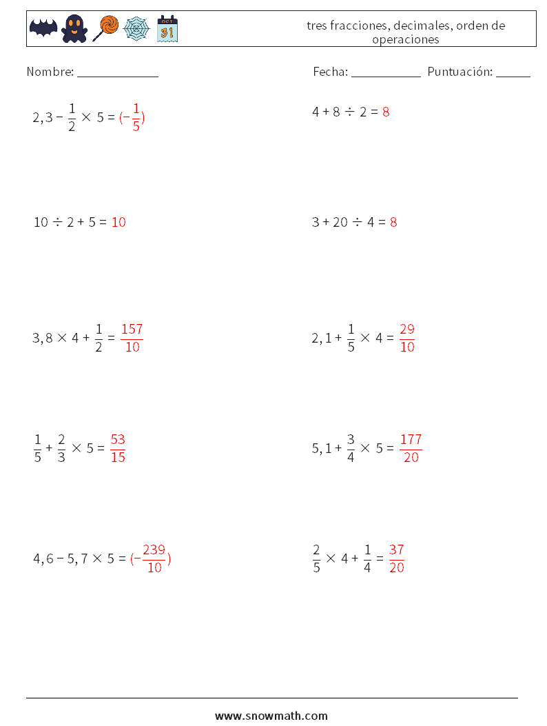 (10) tres fracciones, decimales, orden de operaciones Hojas de trabajo de matemáticas 4 Pregunta, respuesta
