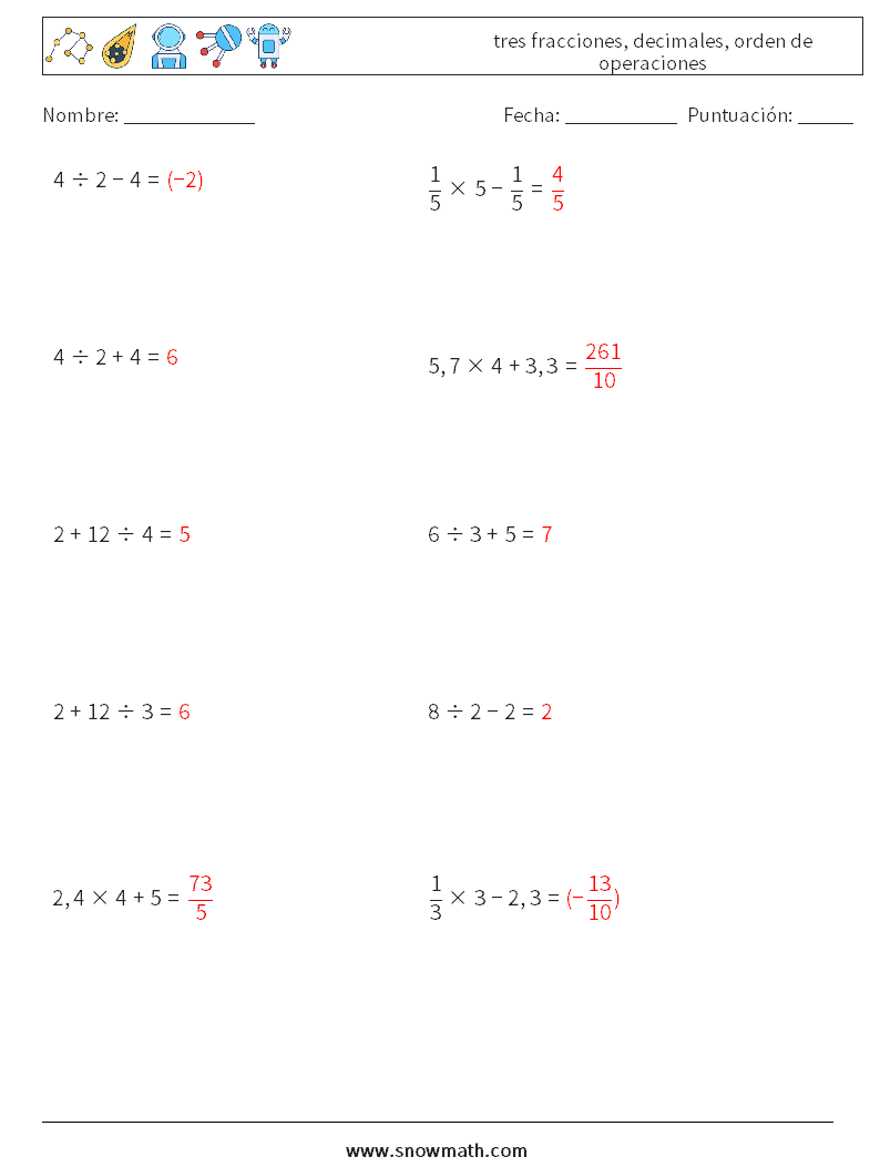 (10) tres fracciones, decimales, orden de operaciones Hojas de trabajo de matemáticas 5 Pregunta, respuesta