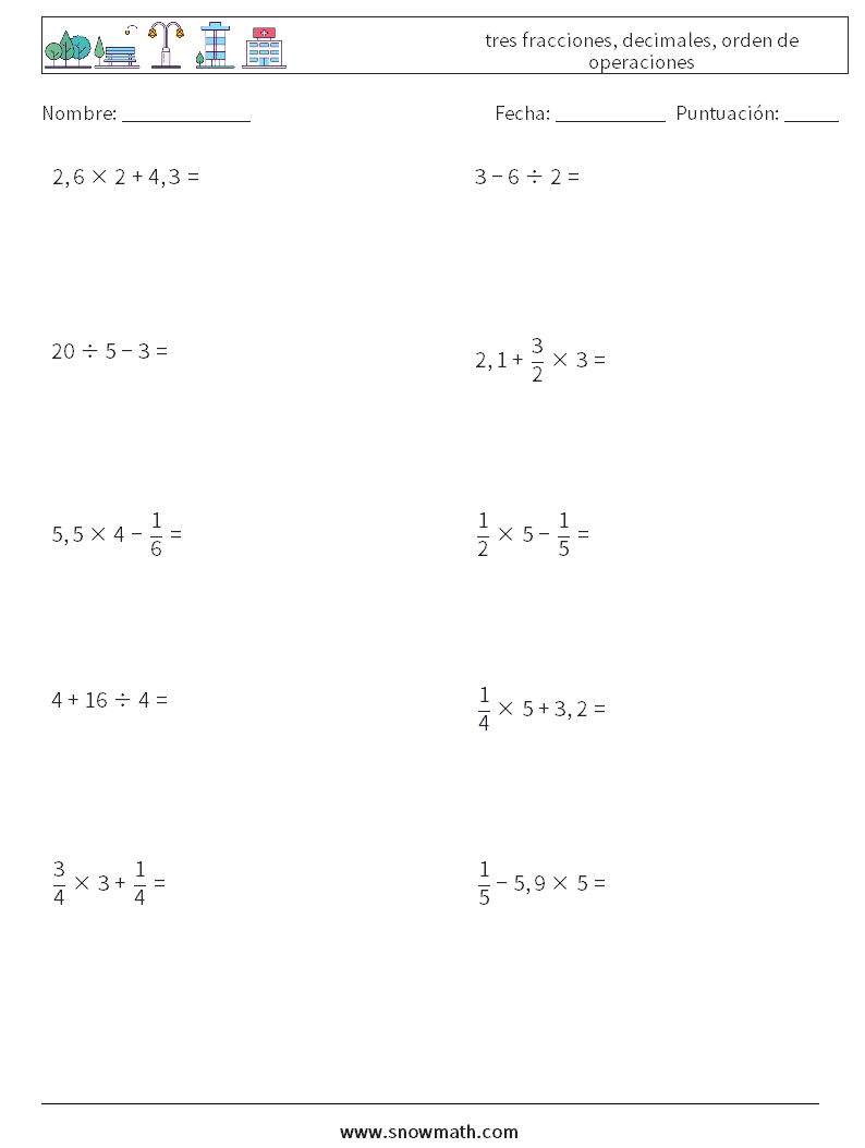 (10) tres fracciones, decimales, orden de operaciones Hojas de trabajo de matemáticas 6