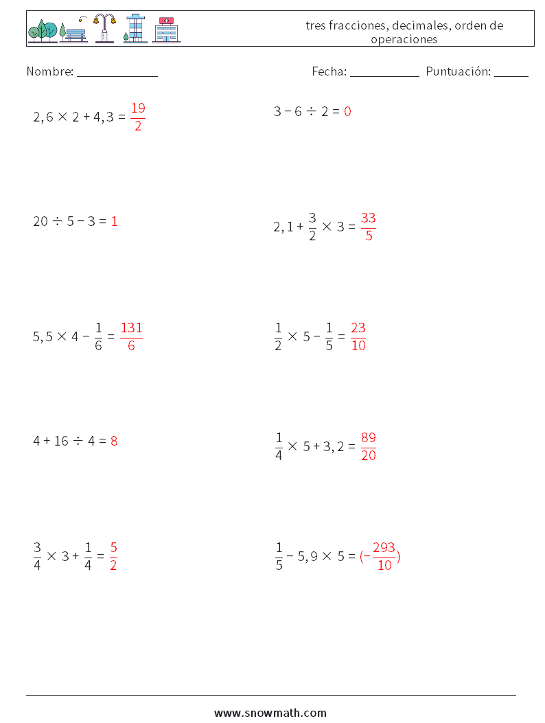 (10) tres fracciones, decimales, orden de operaciones Hojas de trabajo de matemáticas 6 Pregunta, respuesta
