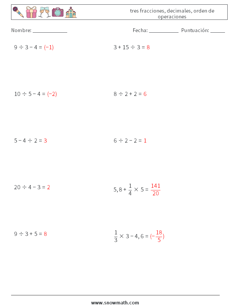 (10) tres fracciones, decimales, orden de operaciones Hojas de trabajo de matemáticas 7 Pregunta, respuesta