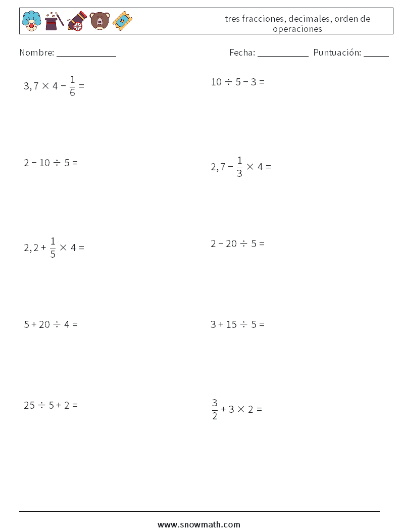 (10) tres fracciones, decimales, orden de operaciones Hojas de trabajo de matemáticas 8