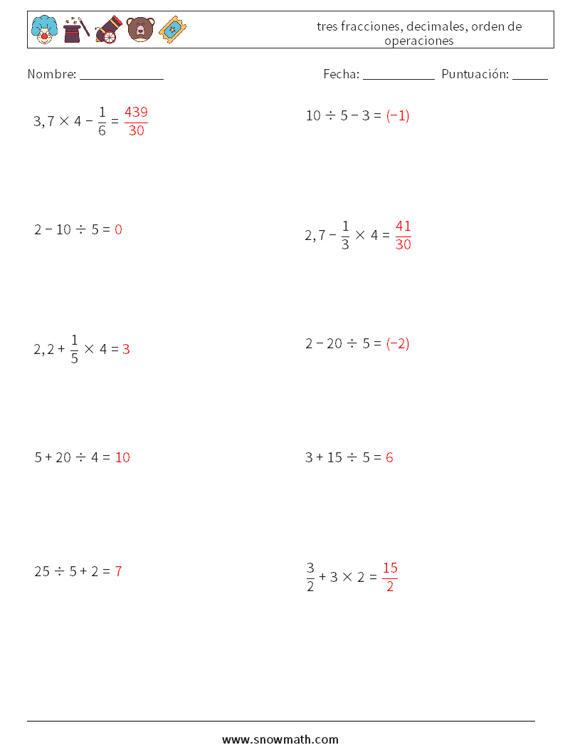 (10) tres fracciones, decimales, orden de operaciones Hojas de trabajo de matemáticas 8 Pregunta, respuesta