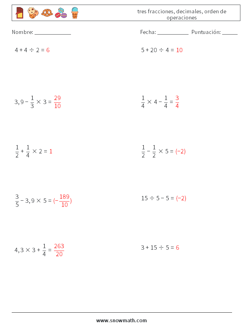 (10) tres fracciones, decimales, orden de operaciones Hojas de trabajo de matemáticas 9 Pregunta, respuesta