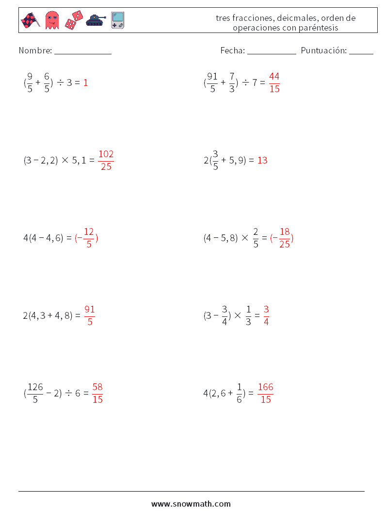 (10) tres fracciones, deicmales, orden de operaciones con paréntesis Hojas de trabajo de matemáticas 16 Pregunta, respuesta