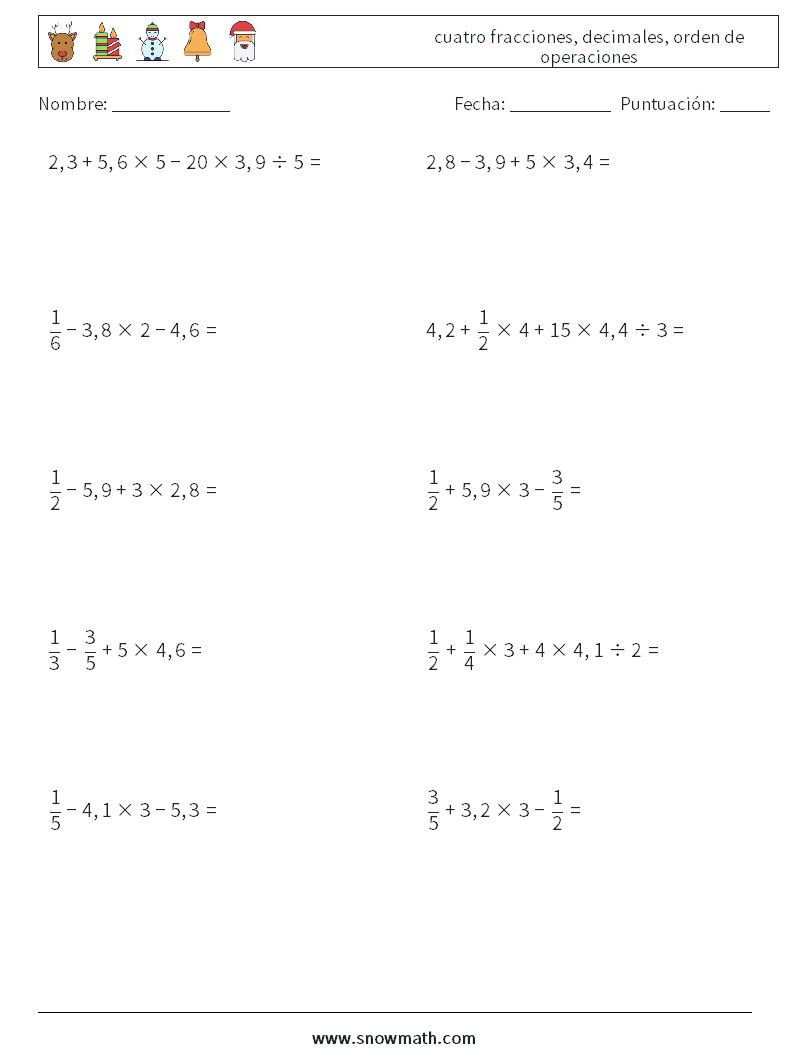 (10) cuatro fracciones, decimales, orden de operaciones Hojas de trabajo de matemáticas 4