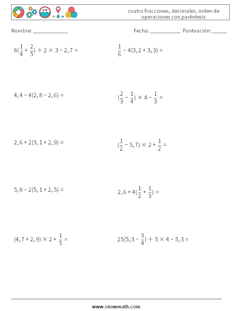 (10) cuatro fracciones, decimales, orden de operaciones con paréntesis Hojas de trabajo de matemáticas 10