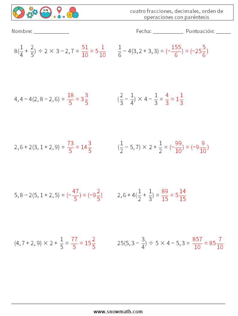 (10) cuatro fracciones, decimales, orden de operaciones con paréntesis Hojas de trabajo de matemáticas 10 Pregunta, respuesta