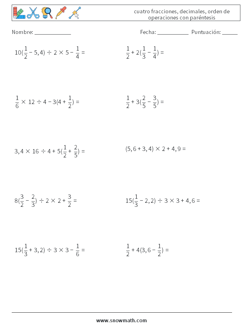 (10) cuatro fracciones, decimales, orden de operaciones con paréntesis Hojas de trabajo de matemáticas 11