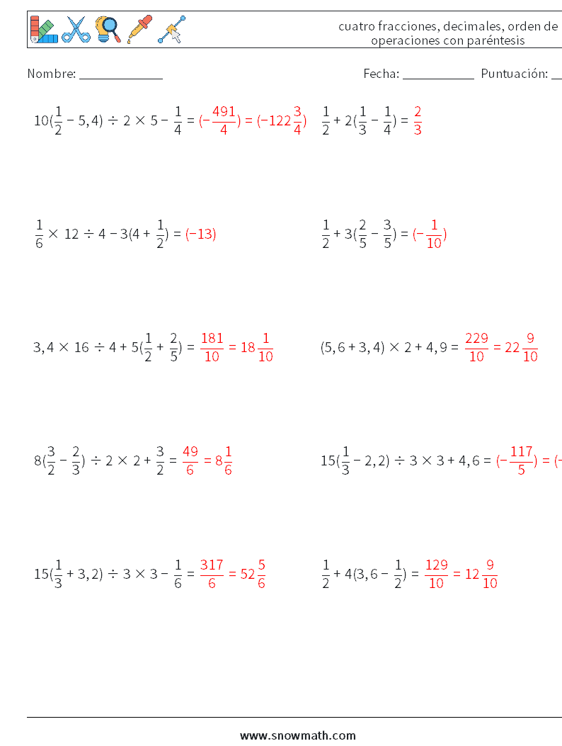 (10) cuatro fracciones, decimales, orden de operaciones con paréntesis Hojas de trabajo de matemáticas 11 Pregunta, respuesta