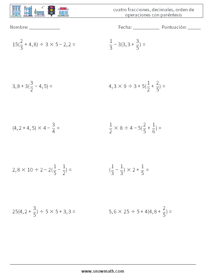 (10) cuatro fracciones, decimales, orden de operaciones con paréntesis Hojas de trabajo de matemáticas 12