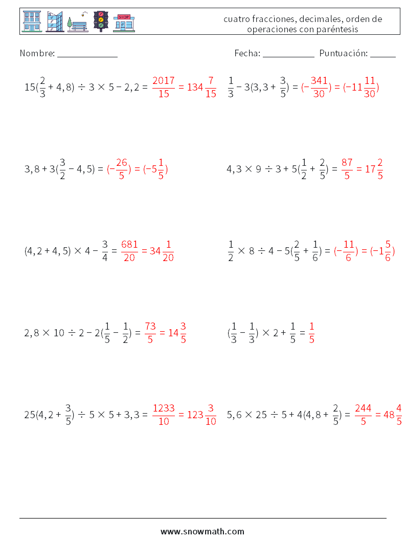 (10) cuatro fracciones, decimales, orden de operaciones con paréntesis Hojas de trabajo de matemáticas 12 Pregunta, respuesta