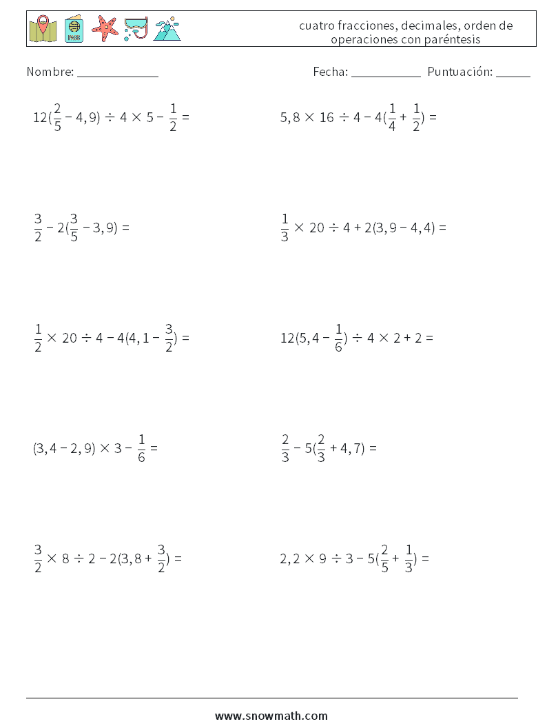 (10) cuatro fracciones, decimales, orden de operaciones con paréntesis Hojas de trabajo de matemáticas 13