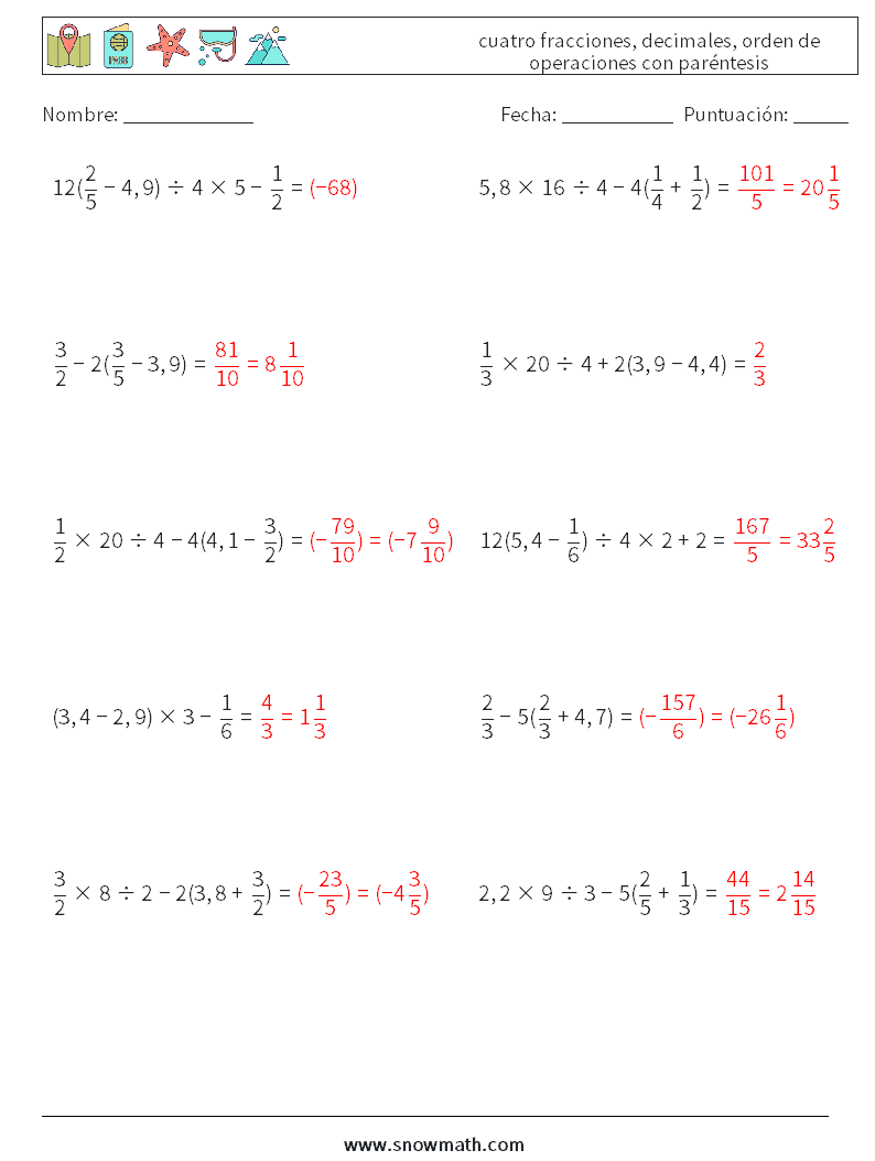 (10) cuatro fracciones, decimales, orden de operaciones con paréntesis Hojas de trabajo de matemáticas 13 Pregunta, respuesta