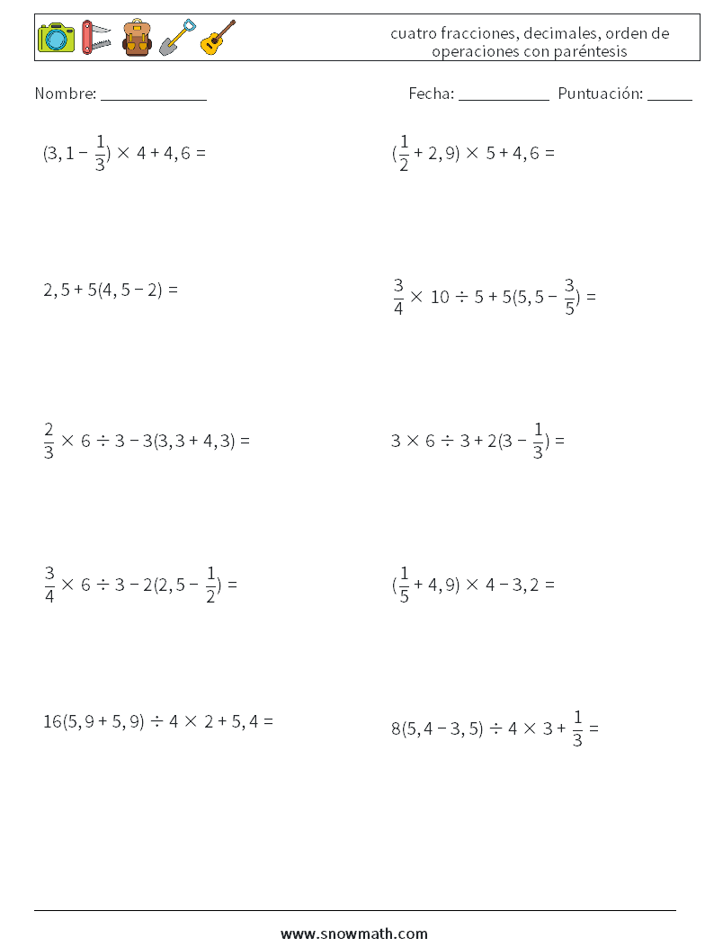 (10) cuatro fracciones, decimales, orden de operaciones con paréntesis Hojas de trabajo de matemáticas 14