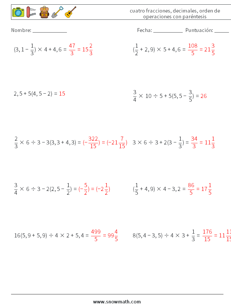 (10) cuatro fracciones, decimales, orden de operaciones con paréntesis Hojas de trabajo de matemáticas 14 Pregunta, respuesta