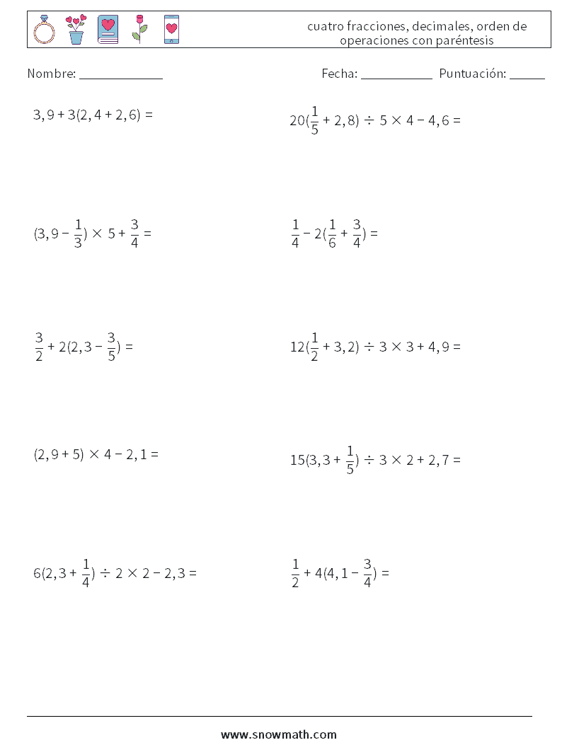 (10) cuatro fracciones, decimales, orden de operaciones con paréntesis Hojas de trabajo de matemáticas 15