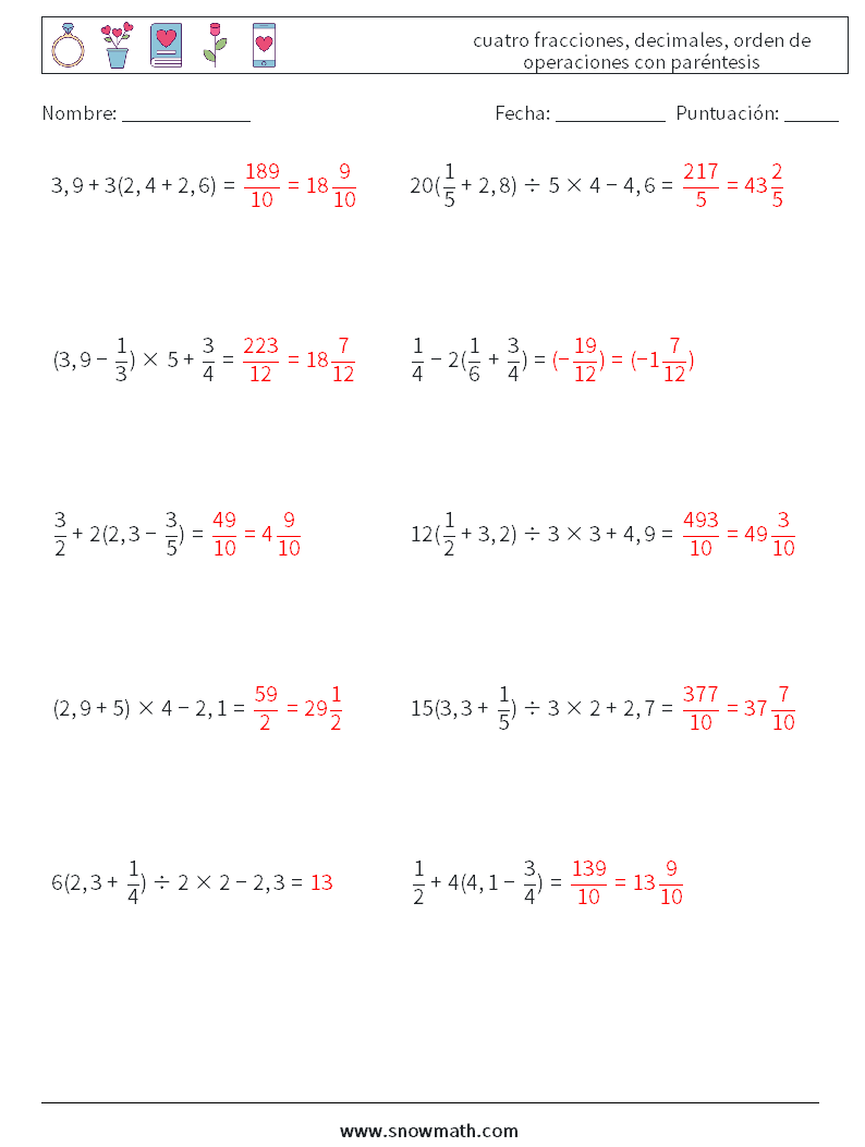 (10) cuatro fracciones, decimales, orden de operaciones con paréntesis Hojas de trabajo de matemáticas 15 Pregunta, respuesta