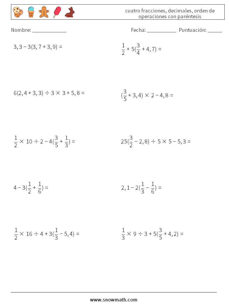 (10) cuatro fracciones, decimales, orden de operaciones con paréntesis Hojas de trabajo de matemáticas 16