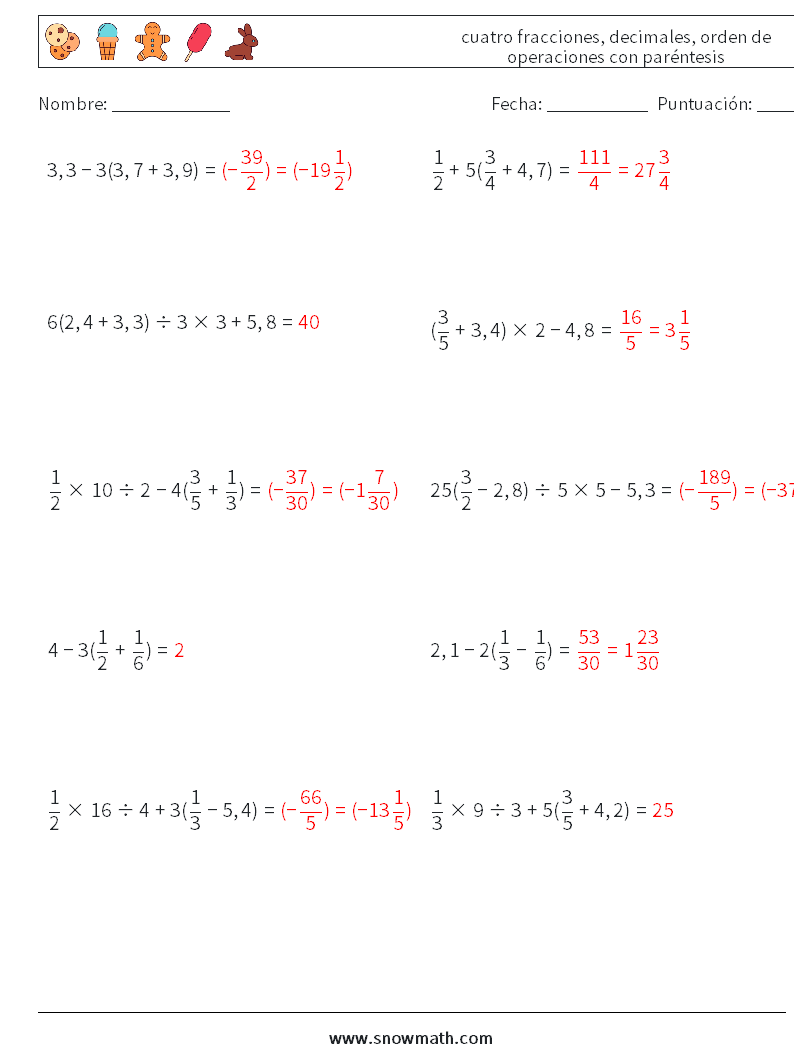 (10) cuatro fracciones, decimales, orden de operaciones con paréntesis Hojas de trabajo de matemáticas 16 Pregunta, respuesta