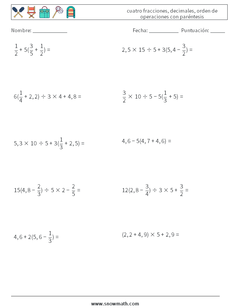 (10) cuatro fracciones, decimales, orden de operaciones con paréntesis Hojas de trabajo de matemáticas 17