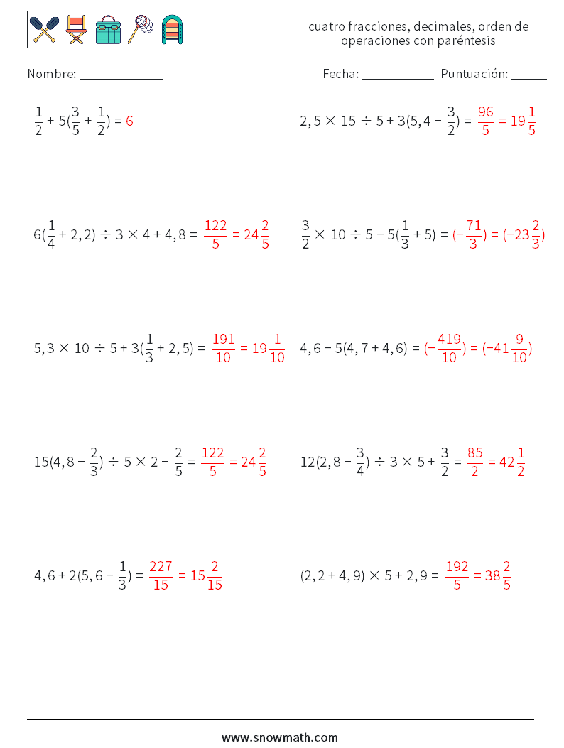 (10) cuatro fracciones, decimales, orden de operaciones con paréntesis Hojas de trabajo de matemáticas 17 Pregunta, respuesta