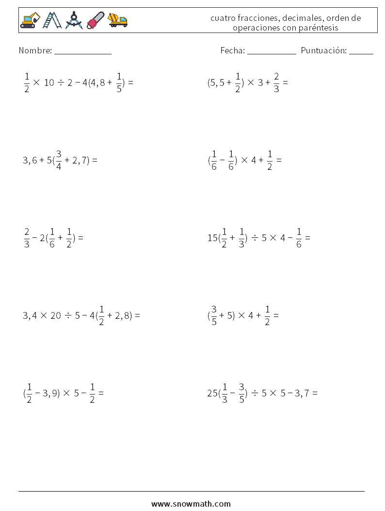 (10) cuatro fracciones, decimales, orden de operaciones con paréntesis Hojas de trabajo de matemáticas 18