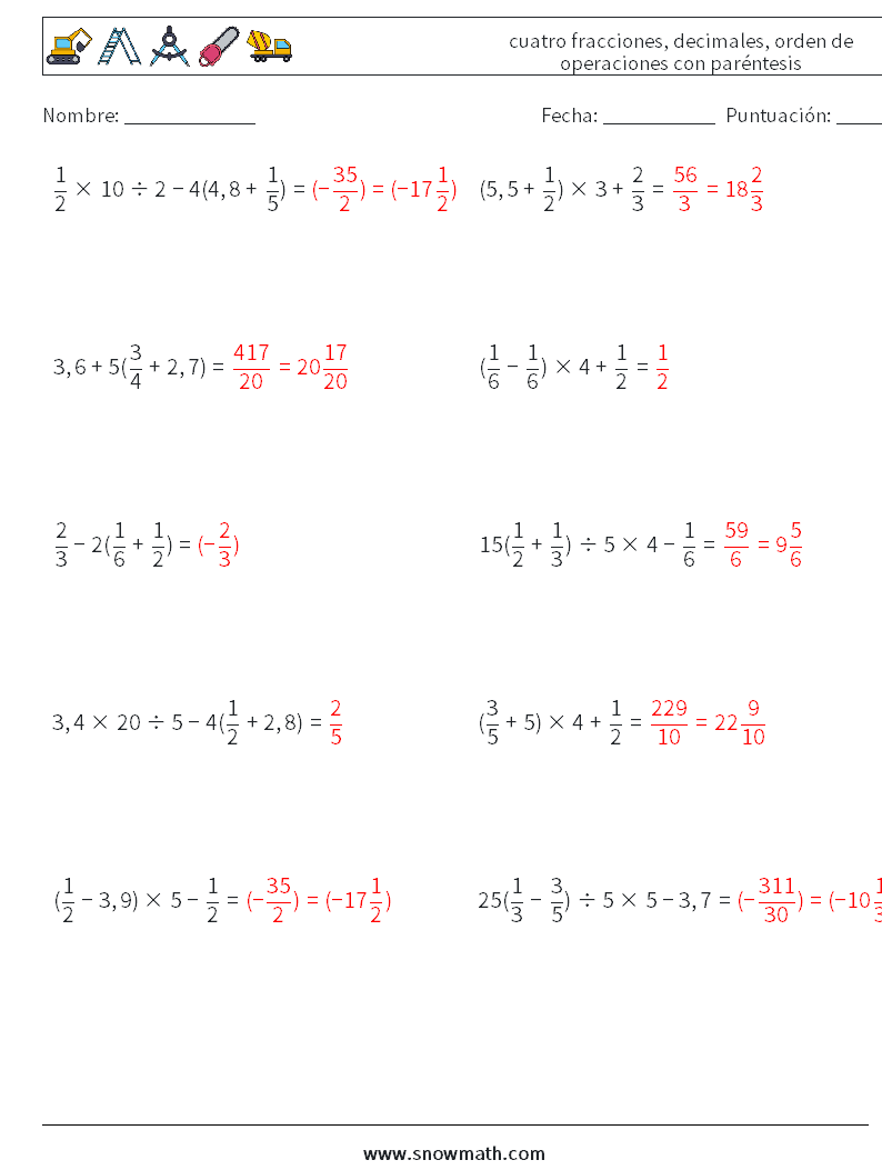 (10) cuatro fracciones, decimales, orden de operaciones con paréntesis Hojas de trabajo de matemáticas 18 Pregunta, respuesta