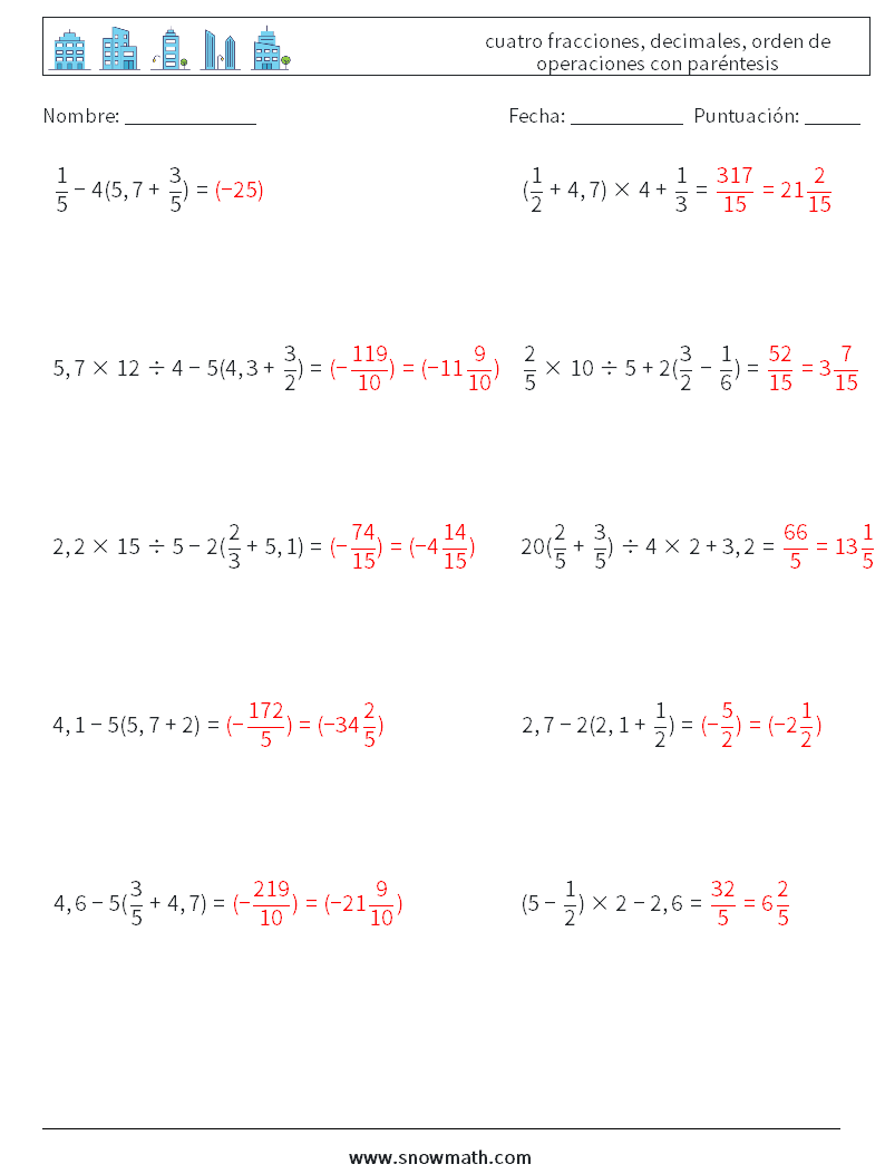 (10) cuatro fracciones, decimales, orden de operaciones con paréntesis Hojas de trabajo de matemáticas 1 Pregunta, respuesta