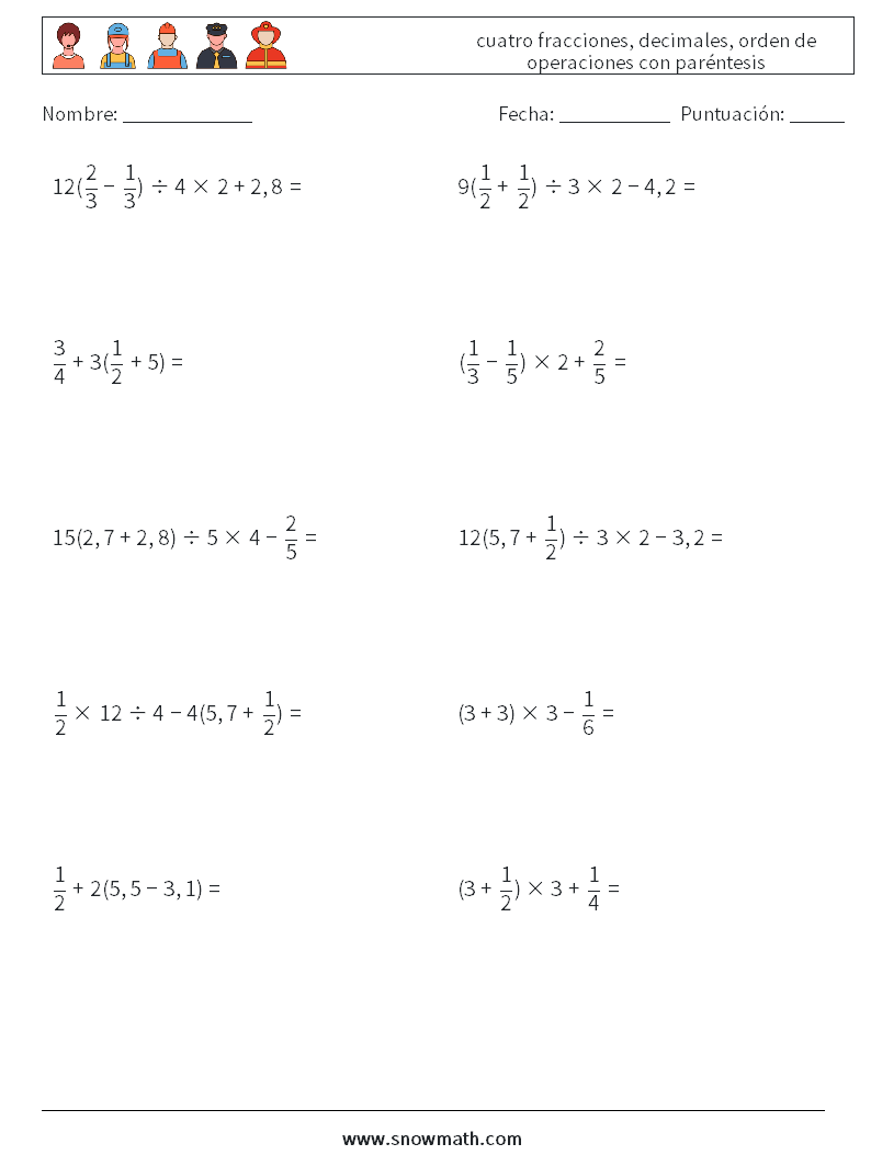 (10) cuatro fracciones, decimales, orden de operaciones con paréntesis Hojas de trabajo de matemáticas 2