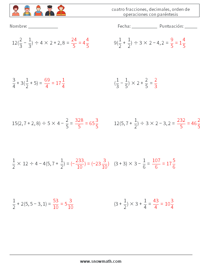 (10) cuatro fracciones, decimales, orden de operaciones con paréntesis Hojas de trabajo de matemáticas 2 Pregunta, respuesta