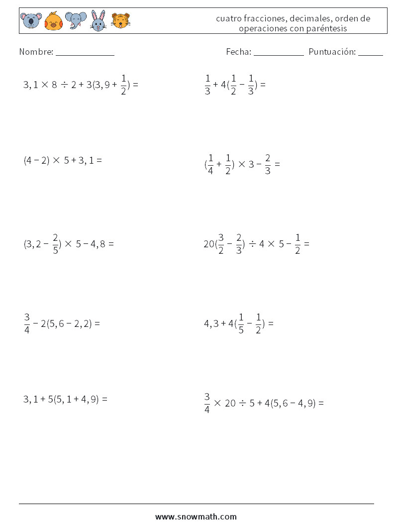 (10) cuatro fracciones, decimales, orden de operaciones con paréntesis Hojas de trabajo de matemáticas 3