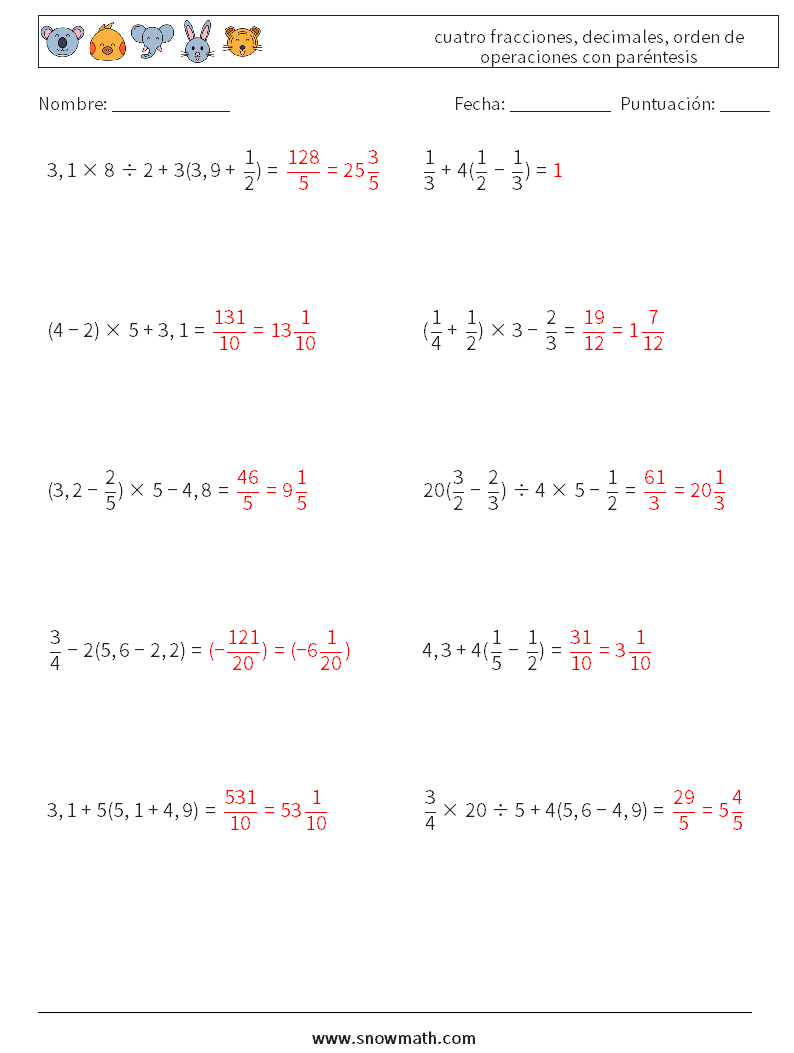 (10) cuatro fracciones, decimales, orden de operaciones con paréntesis Hojas de trabajo de matemáticas 3 Pregunta, respuesta
