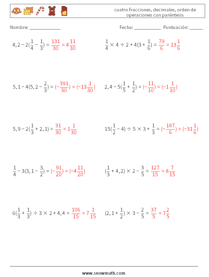 (10) cuatro fracciones, decimales, orden de operaciones con paréntesis Hojas de trabajo de matemáticas 4 Pregunta, respuesta