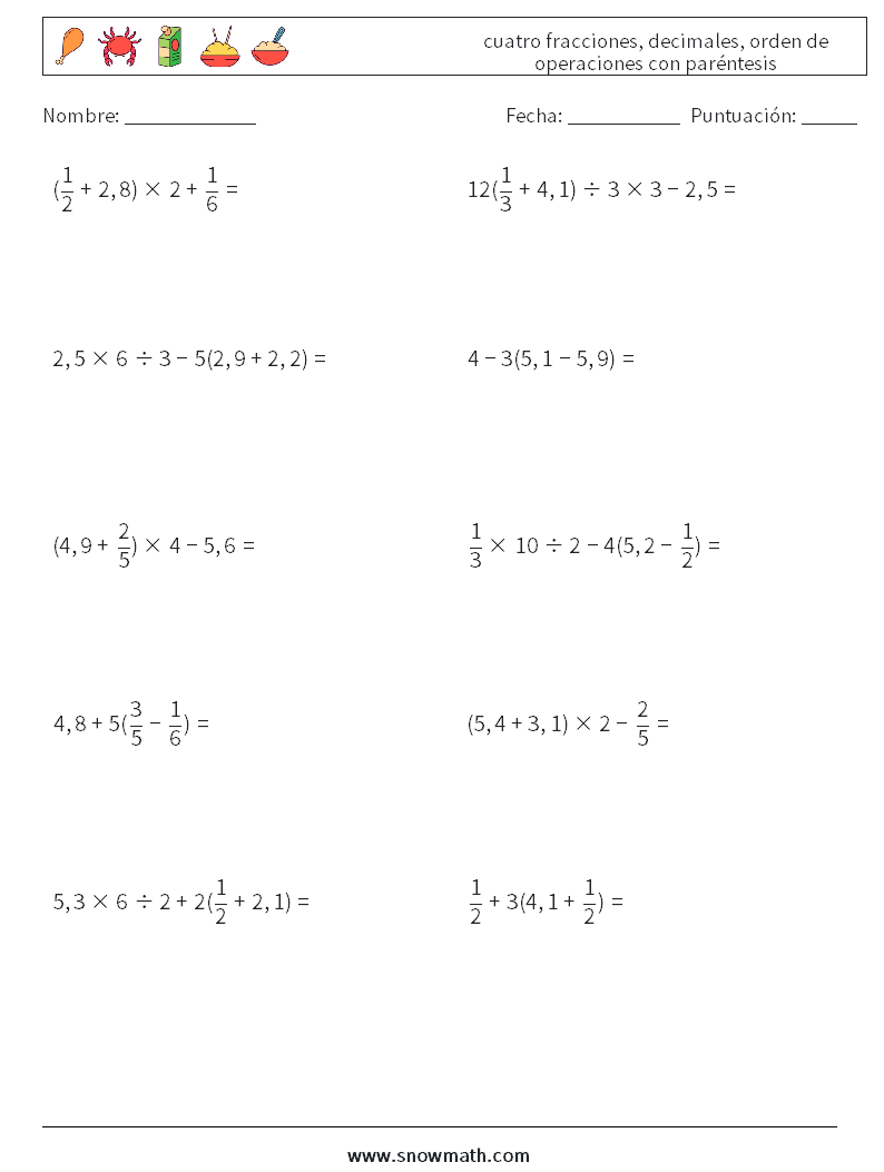 (10) cuatro fracciones, decimales, orden de operaciones con paréntesis Hojas de trabajo de matemáticas 5