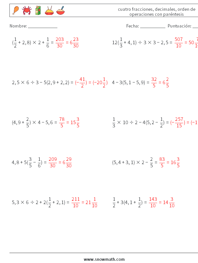 (10) cuatro fracciones, decimales, orden de operaciones con paréntesis Hojas de trabajo de matemáticas 5 Pregunta, respuesta