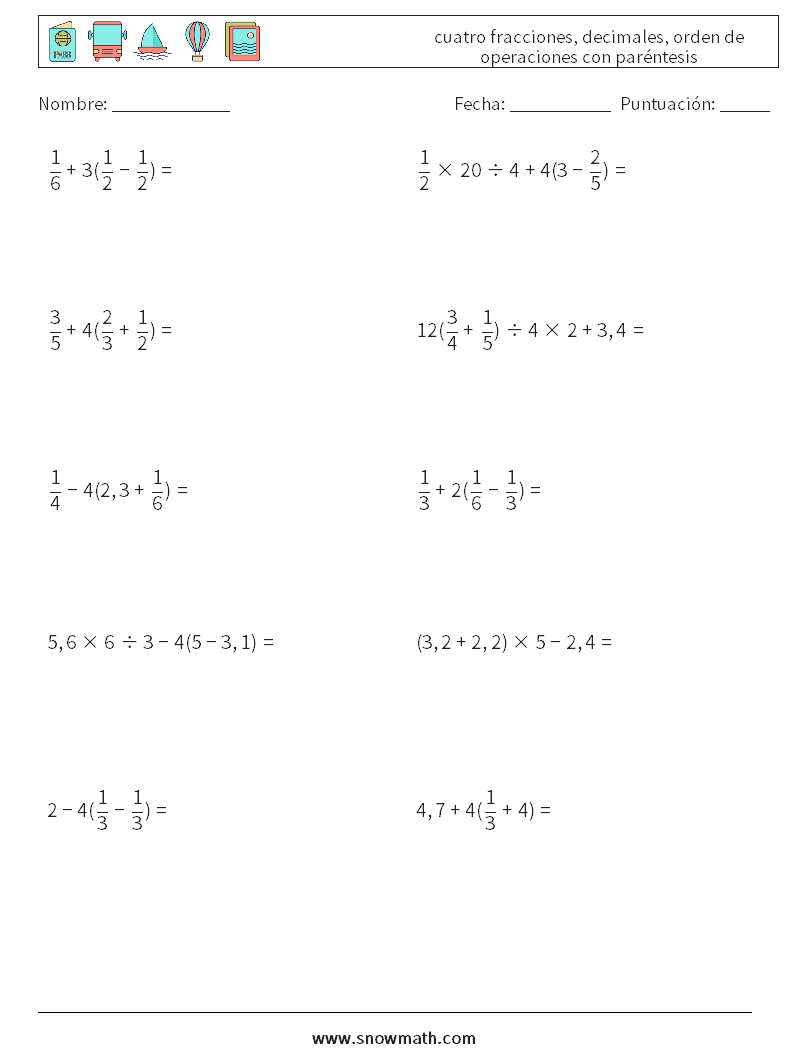 (10) cuatro fracciones, decimales, orden de operaciones con paréntesis Hojas de trabajo de matemáticas 6