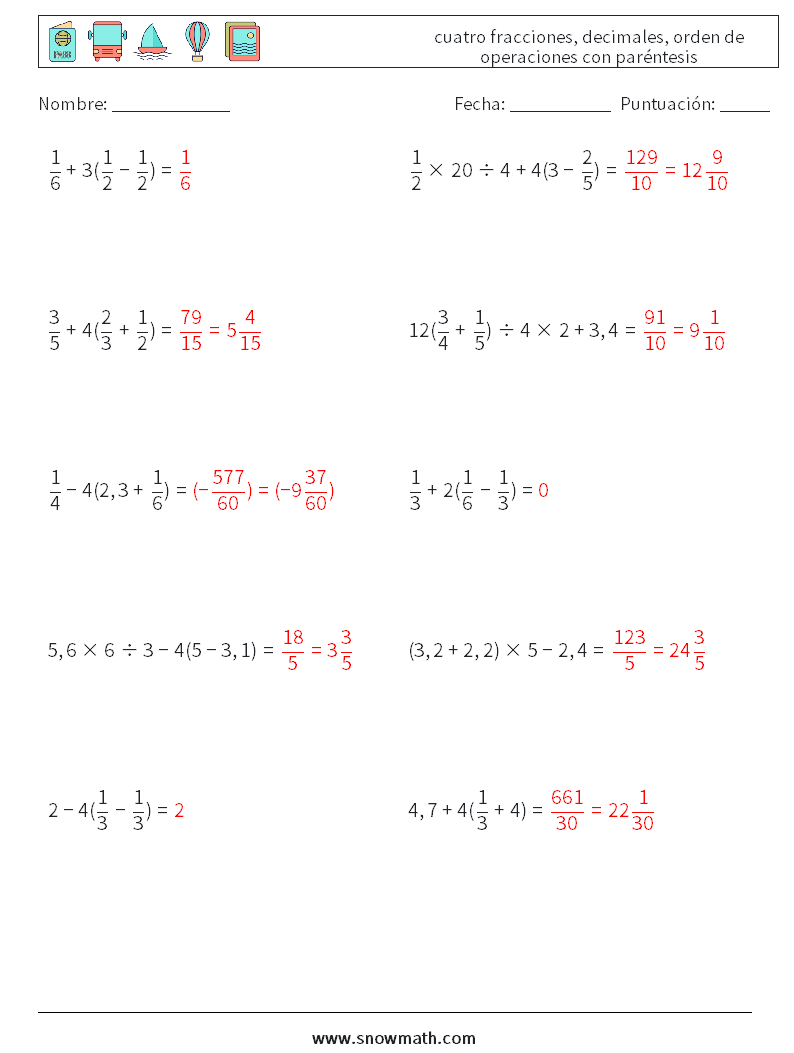 (10) cuatro fracciones, decimales, orden de operaciones con paréntesis Hojas de trabajo de matemáticas 6 Pregunta, respuesta