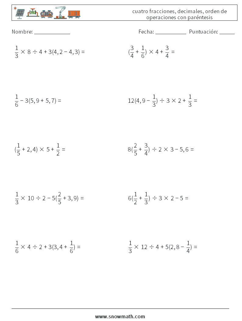 (10) cuatro fracciones, decimales, orden de operaciones con paréntesis Hojas de trabajo de matemáticas 7